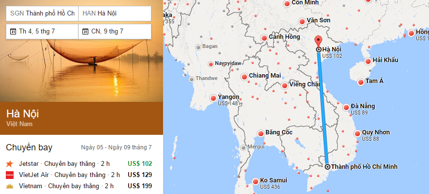hành trình bay từ Sài Gòn đến Hà nội
