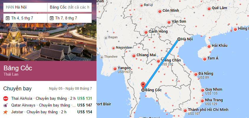 Tham khảo hành trình bay từ Hà Nội đến Bangkok