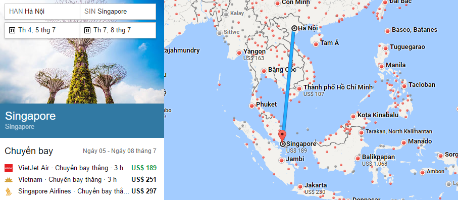 Tham khảo hành trình bay từ Hà Nội đến Singapore